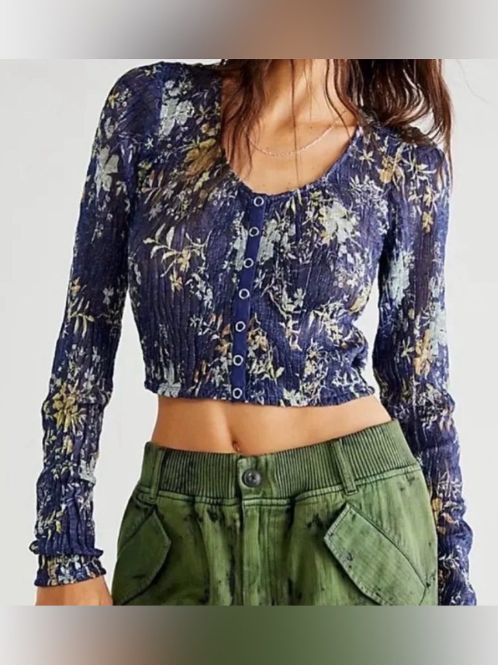 We The Free Angelina Sheer Navy  Floral Crinkle Button-Front Top Sz. S